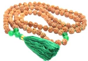 Green Jade & Rudraksha Mala Necklace 108 Prayer Beads Handmade Meditation Rosary - Picture 1 of 5