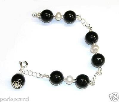 PULSERA de PLATA de ley 925 con PERLAS Cultivadas y ONIX Natural 10mm + colgante - Imagen 1 de 2