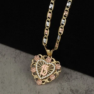 10k & 14k Gold Quinceanera Blüte Rose Bicolor Herz Anhänger - Bild 1 von 9
