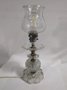 Vintage Glass/Crystal Table Lamp Clear Glass Hobnail w/ Floral Shade 14.25" - Picture 1 of 14