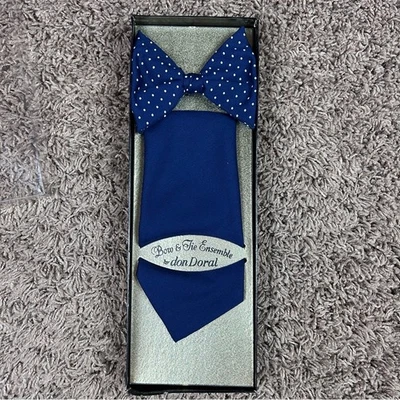 Vintage Bow & Tie Ensemble by Don Doral Navy Navy Polka Dot Dad Tie Set NIB - Image 1 of 4