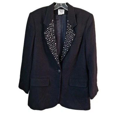 Vtg 80s Black Wool Rhinestone Glam Goth Blazer Women Size 10 Medium Jacket - Image 1 of 4