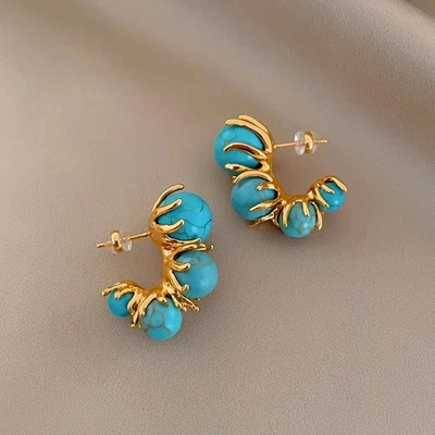 Pendientes de aro de piedra tono dorado para mujer en forma de C redondos de metal texturizado colgantes joyería Foto 1 de 4