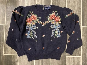 Herman Geist Cardigan Sweater Floral Hand Embroidered Wool VTG Victorian - Picture 1 of 7