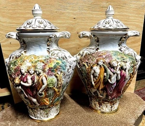 Pair Of 16” Capodimonte Lidded Urns - Picture 1 of 10