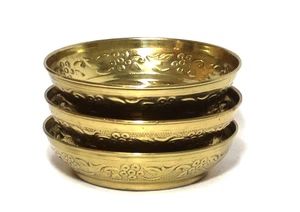 Brass Pillar Candle Holders Round Shallow Bowls India Set 3 - Picture 1 of 7
