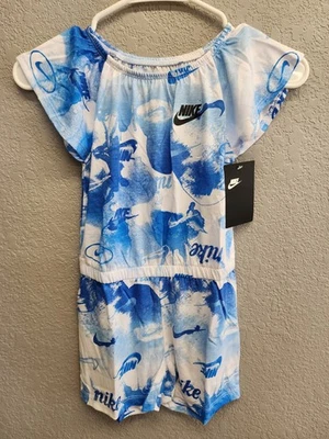 Nike девочек размер 6 Summer Romper Nike логотип печать синий/белый/футбол серый новый в упаковке - Изображение 1 из 4