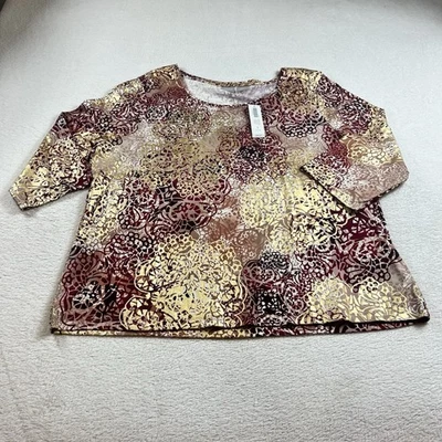 Chicos Zenergy Womens 3 XL Top Pullover Burgundy & Gold Shimmer 3/4 Sleeve NEW - Image 1 of 4