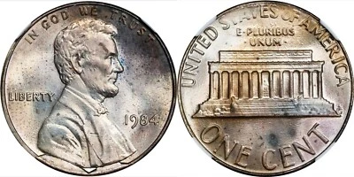 ER425 1984 Lincoln Cent. Struck on an Unplated Zinc Planchet NGC MS63 - Image 1 of 4