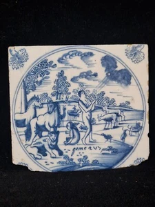 Antica piastrella Delft XVII secolo "Genesi biblica Adamo ed Eva" motivo angolo "Garofano" - Foto 1 di 7