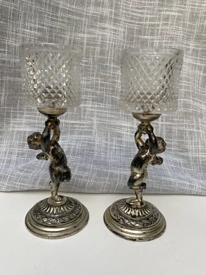 Par Antiguo Victoriano Pairpoint Plato Plata Figura Querubín Palillo Soporte 7" Foto 1 de 4