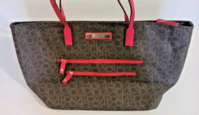Calvin Klein Dark Brown Red Trim Monogram Shoulder Purse Bag 14"bottom 18" Top - Image 1 of 4