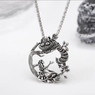Alice In Wonderland Cheshire Cat Jewelry Vintage Silver Pendant Necklace - Image 1 of 4