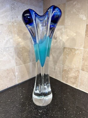 Handmade Czech Glass Art Vase Blue Aqua Heavy 4 Fingers Lobes 13 in Vintage - Image 1 of 4