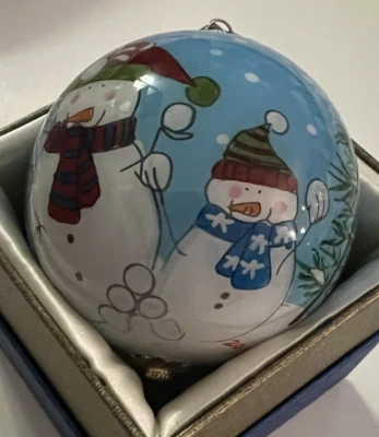 LI BIEN SNOWMAN ORNAMENT 2014, CHRISTMAS, GLASS, SNOWY TREES - Image 1 of 4
