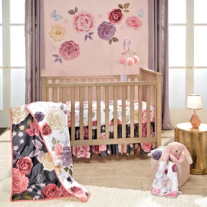 L&I - Secret Garden LUXURY Floral 3-Piece COTTON Sateen Baby Crib Bedding Set - Picture 1 of 9