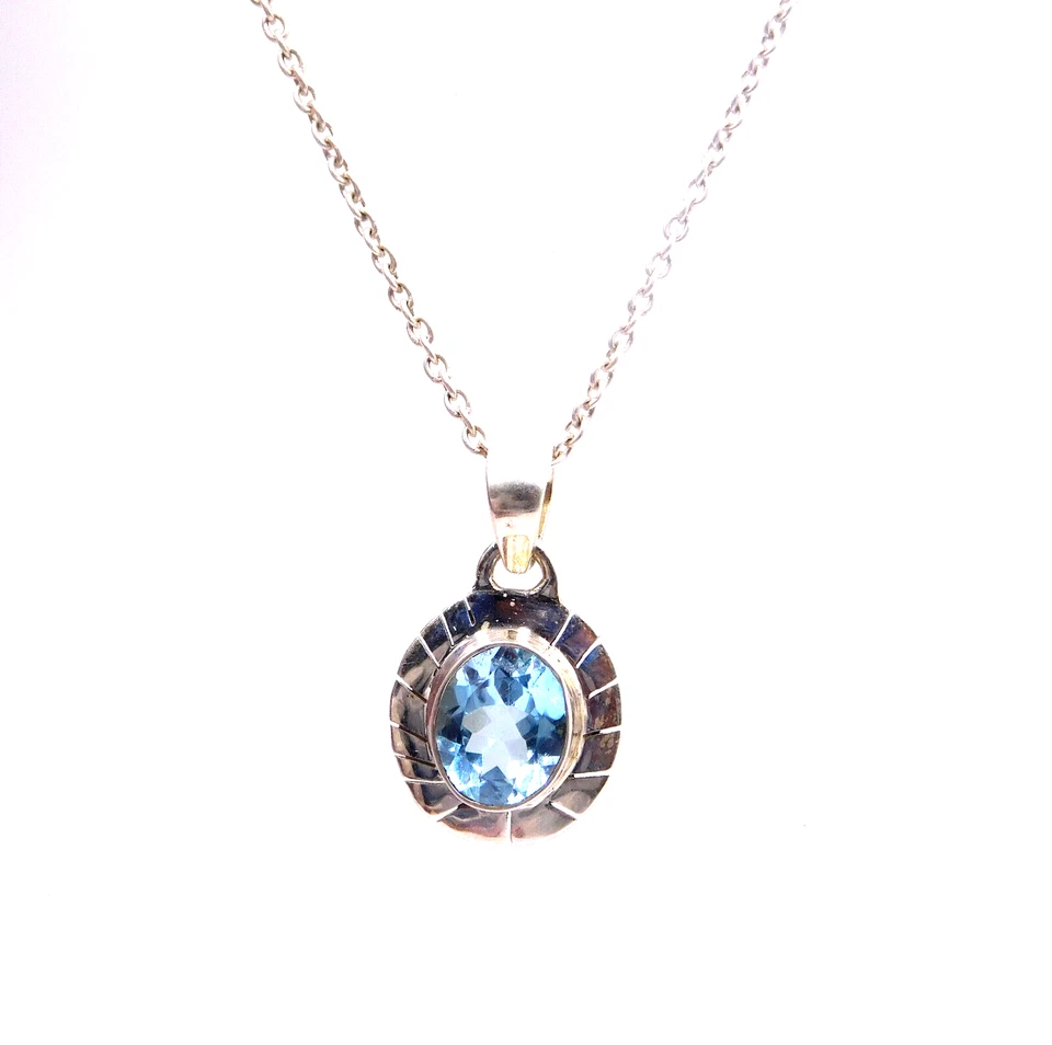 3.10 GM 925 Argento Sterling Naturale Topazio Blu Taglio Gemma Sottile Ciondolo - Immagine 1 di 4