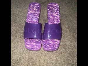 Gucci Rubber Slide Sandal Purple Logo open toe 2” block heel Jelly mules 38 - Picture 1 of 4