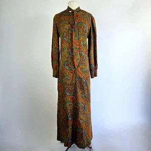 Vtg 1970s Bloomingdales Paisley Long Sleeve Zip Up Maxi Hostess Dress Bow L 60s - Picture 1 of 11