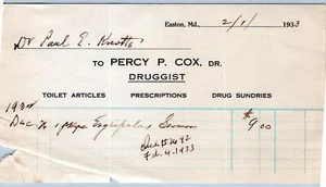 Easton Maryland MD 1933 Percy P Cox Farmacéutico Prescripciones Sundries Billhead - Imagen 1 de 2