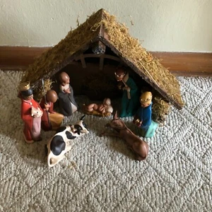 Vintage Christmas Nativity Set Manger + 8 Figures Jesus Mary Joseph Cow Donkey - Picture 1 of 12