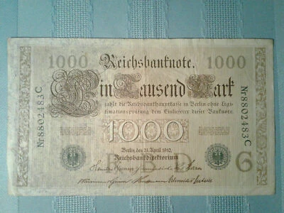 Germany Reichs Banknote 1000 Mark 1910 P 45a *F* 1b3.1 Underprint G Serie C - Image 1 of 4