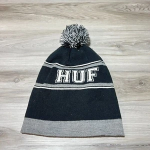 HUF Beanie Hat Black Gray Knit Ball Top Ski Outdoors Street Wear EUC - Picture 1 of 4