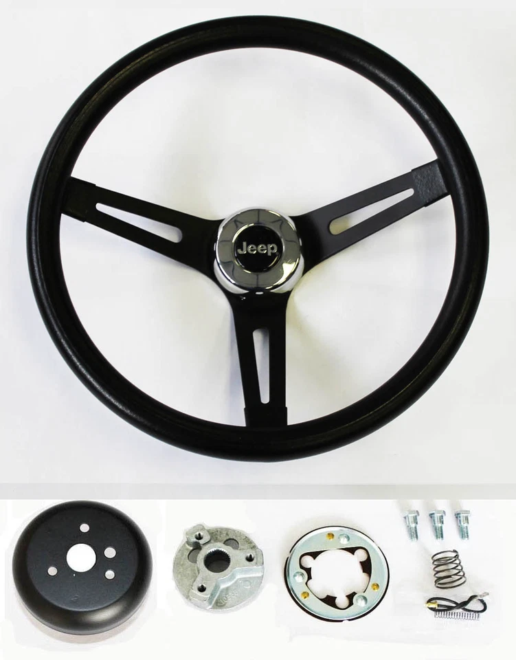 Classic Black Grip on Black Steering Wheel 13 1/2"  fits 76-95 Jeep CJ5 CJ7 YJ  - Image 1 of 4