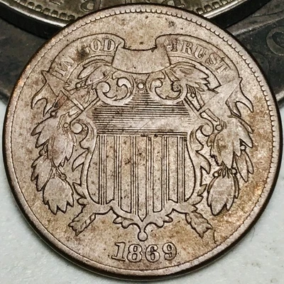 1869 Two Cent Piece 2C Ungraded Circulated Civil War Era US Copper Coin CC28451 - Image 1 of 4