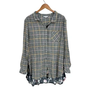 JOHN MARK Top Shirt XL kariert Blumenmuster Tunika Langarm Bluse U434 - Bild 1 von 8