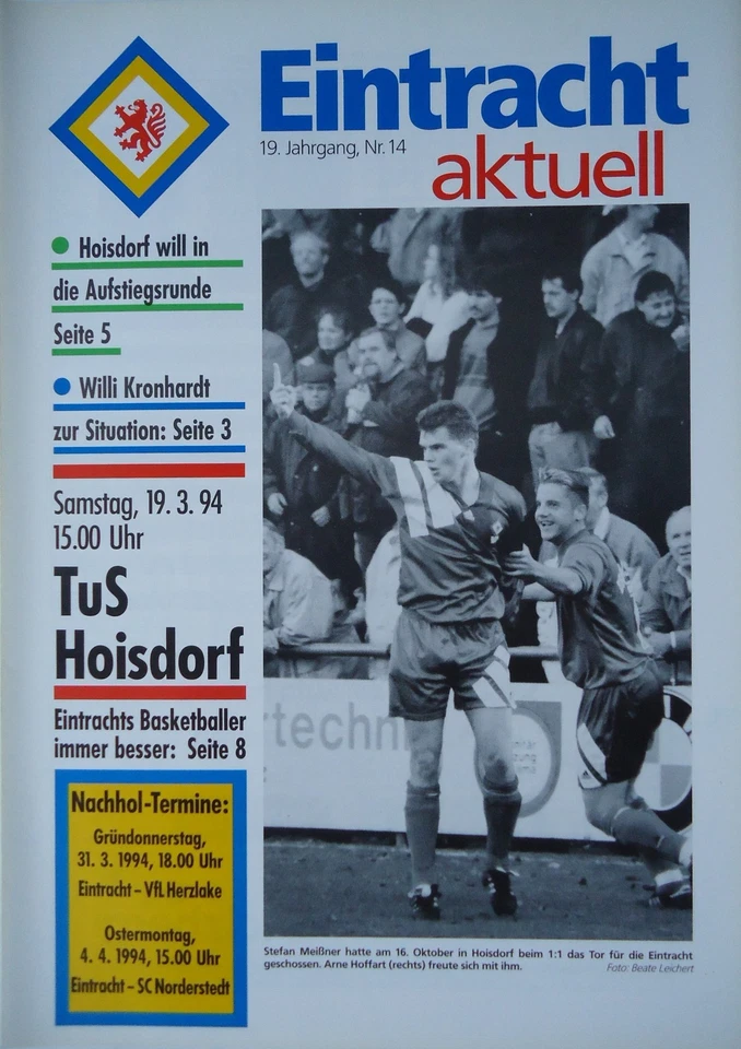 Programm Oberliga Nord 1993/94 Eintracht Braunschweig - TuS Hoisdorf - Bild 1 von 1