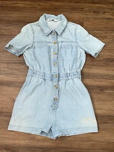 ZARA Damen Jeans-Strampler hellblau mit Knopfleiste 90er Taschen Gummibund Größe S - Bild 1 von 12