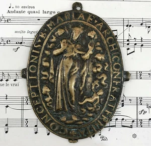 Rare Large Antique French Bronze Virgin Mary Icon Plaque Medal c1800 - Picture 1 of 4