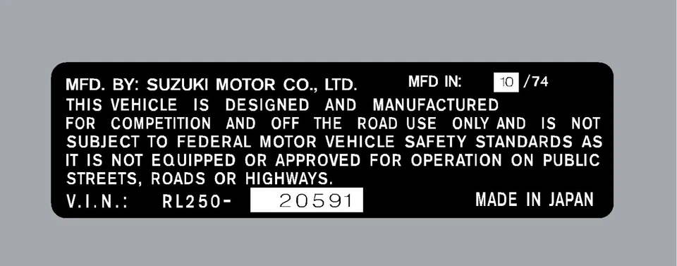 ETIQUETA DE TUBO DE DIRECCIÓN SUZUKI RL250 / CALCOMANÍA REPRO Foto 1 de 1