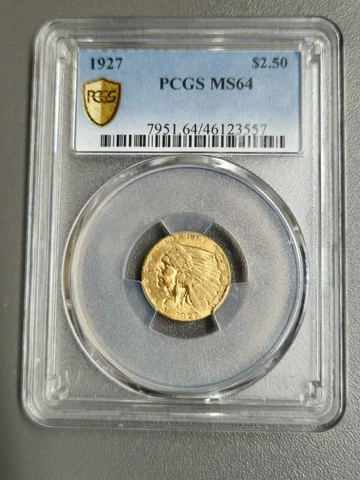 1927 Indian Head $2.50 Gold Quarter Eagle PCGS MS64 Gold Shield Cover
