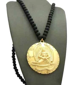Euphanasia Gold Plated Round Pendant & 36" Wooden Bead Chain Hip Hop Necklace - Picture 1 of 6