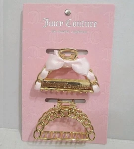 NEW JUICY COUTURE HAIR CLIPS Ribbon Bow Gold Pink 2 Set Metal Claw - Picture 1 of 4