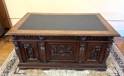 French Antique Carved Renaissance Walnut  Desk With Drawers and Leather Top - Image 1 of 4