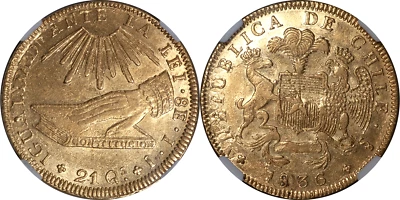 Чили 1836-So Республика Overstruck золото 8 эскудо NGC AU-58 тираж 27 000 РЕДКАЯ!! - Изображение 1 из 2