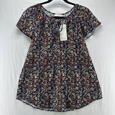 Simple Fun Tunic Size M Peasant Floral Blouse  Tie Neck Flare Sleeve Multicolor - Image 1 of 4