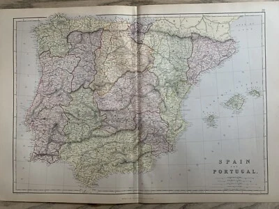1882 SPAIN & PORTUGAL ORIGINAL ANTIQUE COLOUR MAP BY W.G. BLACKIE 138 YEARS OLD - Image 1 of 3