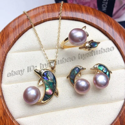 Conjunto de aretes naturales AAA+ con incrustaciones de perlas con concha de abulón + anillo + collar colgante Foto 1 de 4