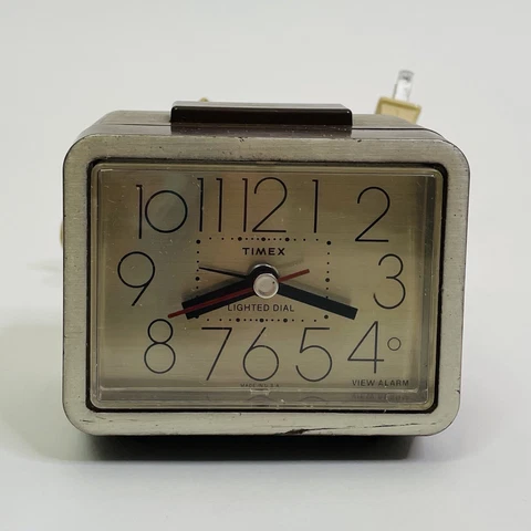 Vintage 80s Timex Alarm Clock Rectangle Lighted Dial View Alarm Wood MCM Retro Cover