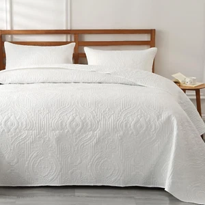 White Bedspread King Size Summer Thin Quilt 3Pc Lightweight Soft Microfiber Embo - Picture 1 of 7