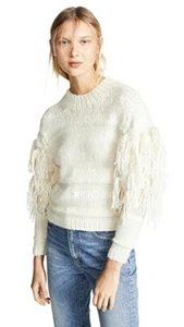 ULLA JOHNSON $595 Delman Cream Pullover Fringe Puff Sleeve Sweater sz S NWT /972 - Picture 1 of 7