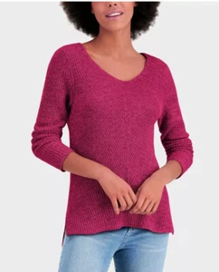 Style & Co Sweater Top V-Neck Cotton Hot Pink Plus Size 1X Knit Long Sleeves - Picture 1 of 12