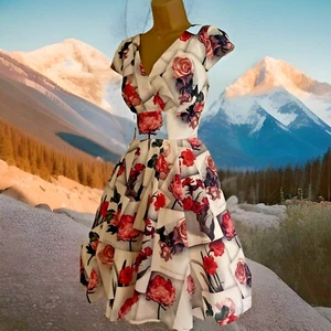 TED BAKER BEQUII-ROSE POSTCARD-PRINT SKATER DRESS (TB 4) UK 14 (US 10) EUR 42 - Picture 1 of 15