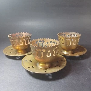 Vintage Turkish Brass Copper Moon Star Candle Holders Cups And Saucers 3 Pieces - Picture 1 of 5