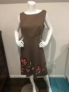 New With Tags Kay Unger New York Size 14 Brown Wool Dress W/ Embroidered Flowers - Picture 1 of 5