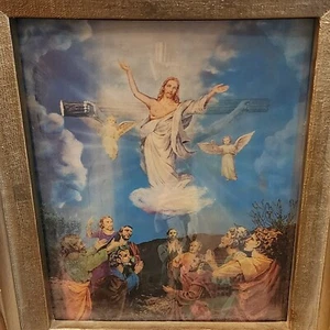 Jesús Lenticular 3D Mediados de Siglo Enmarcado en Cruz, Jesús Ascendiendo al Cielo - Imagen 1 de 12